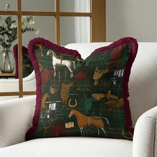 Horse Print Pillow Cover: Plush Velvet With Fringe - 16x16 to 24x24" - Etsy