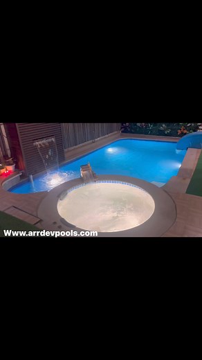 6.8K views · 26 reactions | Fibre pool 21*11*5 feet with spa 5 feet diameter and pool with inbuilt steps and sheet fountain . Led light filter etc complete .15 years warrantee , 1 year same water , 100/- per day maintenance cost . @8.0 lac Www.arrdevpools.comDelivered across India , Nepal & Bhutan | Arrdevprefab India | Facebook