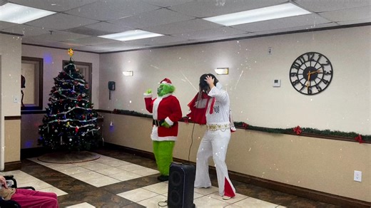 🎤🎄 Nothing says holiday cheer like Elvis and the Grinch stopping by! Our residents were all shook up today with an Elvis performance AND a surprise visit from the Grinch himself 💚✨ Smiles, laughter, and Christmas magic filled the building — moments like these are what make our home so special! | Tri-County Nursing & Rehabilitation Center