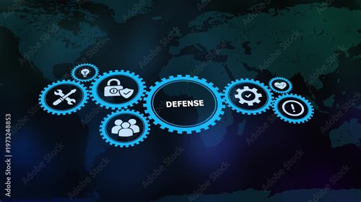 Cybersecurity defense and network protection concept with gear icons and global map for corporate safety.