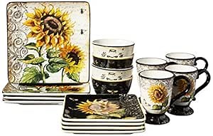 French Sunflower 16PC Dinnerware Set – Bold Sunflower and Bee Motif on Square Plates and Mugs – Vibrant Nature-Inspired Ceramic Dish Set for Farmhouse Dining & Seasonal Entertaining