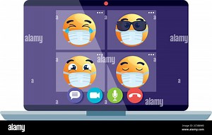 emojis wearing medical mask in page on video call, yellow faces using white surgical mask in laptop computer Stock Vector Image & Art - Alamy