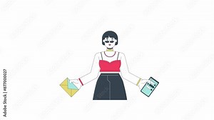Multitasking line 2D animation. Asian woman balancing various work tasks 4K video motion graphic. High productivity at office workplace linear animated cartoon flat concept, white background