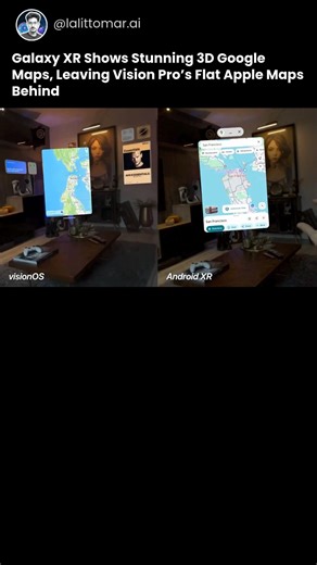 Lalit Tomar | AI Mentor on Instagram: "A VR creator compared Apple Maps on Vision Pro with Google Maps on Samsung’s new Galaxy XR. The 14-second demo shows Google’s immersive 3D mapping with Gaussian splat street views and free-flying over landmarks like the Golden Gate Bridge. Meanwhile, Apple Maps remains flat and screen-bound. Users in the thread praised the potential of Google Earth VR on Galaxy XR and criticized Apple’s slow UI progress in spatial computing. What do you think about this? Wa