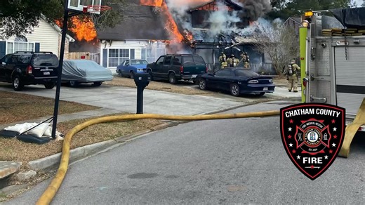 1:38pm, CCFD was dispatched to the 100 block of Finn Cir. for a structure fire. BC301, CHF301, DC301, E303, E312, SAFETY301, SQ313, T307 responded to well involved working structure fire. Severe damage to the first and second floors of the home. Fire is under control. One person was airlifted to the Augusta Burn Center. Three people have been displaced along with six animals. Red Cross has been contacted. #chathamcountyfire | Chatham County Fire Department