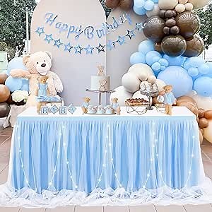 Baby Blue Tulle Table Skirts for Boy Birthday Party 14ft Baby Blue Tutu Table Cloths for Baby Shower Dessert Cake Table Decor
