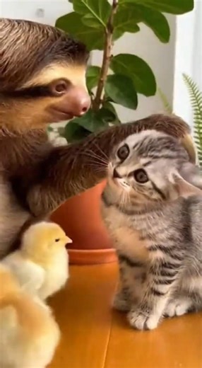 Slowest cuddle party ever... 🦥🐱🐥
