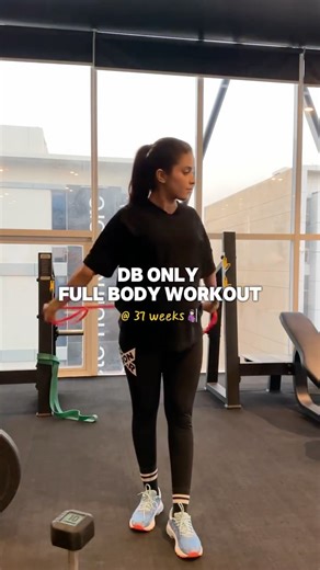 Neha on Instagram: "Luv me some full body workouts🤝🤗 Super efficient and effective if you’re short on time/can only workout a few days in the week/extremely preggo like me🥵 Warmup set: shoulder rotations, cat cows, thread the needle, hip flexor stretch, Cossack squats & deep squat tilts 💥 • DB squats 3x8-10 • inclined DB chest press 3x6 • bicep curl to shoulder press 3x8 • DB bent over rows 3x8-10 • overhead tricep extension 3x8-10 Always in @irongear_fitness fits💜 | 🏷️neha10 to saveee, be