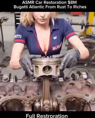 This blonde mechanic in the Bugatti polo stands in a junkyard smiling ear to ear next to a rusty wreck of a Bugatti Atlantic that looks like it’s been sitting there since the 1930s. What follows is pure magic: blue-gloved hands scrubbing decades of grime, pistons sliding into a spotless engine block, angle grinders throwing sparks like fireworks, welding torches glowing orange on fresh metal, glossy paint being sprayed across the hood, and finally the finished V12 engine being lowered in like it