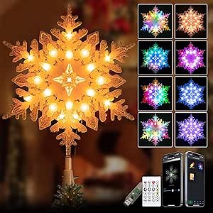 10” Smart Christmas Snowflake Tree Topper with 20 RGB Lights, DIY Colors Changing, Music Sync, Timer, for Xmas Tree Indoor Party Home Office Decoration