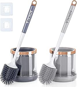 Silicone Toilet Brush Set, 2 Pack Toilet Bowl Brush and Holder with Tweezers Long Handle, Toilet Cleaner Brush for Bathroom Deep Cleaning, Elegant Toilet Scrubber Bathroom Decor Accessories