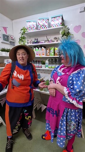 🫧 Widow Twankey and Wishee Washee have run out of washing powder for the laundry. They have gone to visit Nantwich Market to stock up on supplies ready for this week's pantomime. #panto #pantomime #shavington #nantwich #nantwichlife #nantwichmarket | Shavington Village Festival & Pantomime