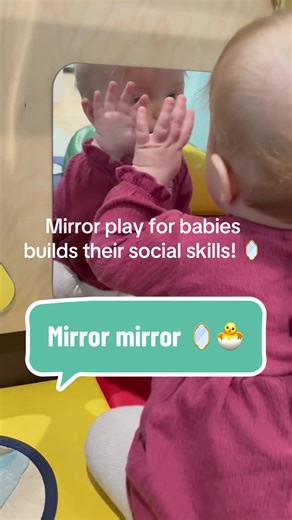 Mirrors are endlessly fascinating for face obsessed babies starting around three months! They’ll smile at their reflection and even “talk” To them! It’s so good for their social development and grows as they grow! #wakewindows #babyplayideas #sixmonthsold