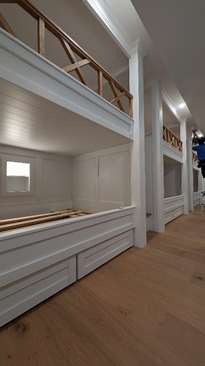 2.3K views · 37 reactions | Our slickest bunks room yet! Beds and beds and more beds. Lots of really cool features on this build. - inset drawers within the stairs - push to open drawer boxes - applied mouldings - custom railings - niches with electrical All of which was custom made from our shop. What was your favorite? | Waves of Grain Woodworks | Facebook