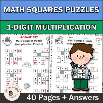 Spring Multiplication Math Squares Worksheets 1-Digit Facts Grades 2-3