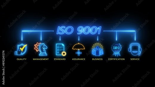 ISO 9001 icons. International Organization for Standardization sign and symbol. Quality management system. Glowing neon line of ISO 9001 banner icons isolated on transparent background.