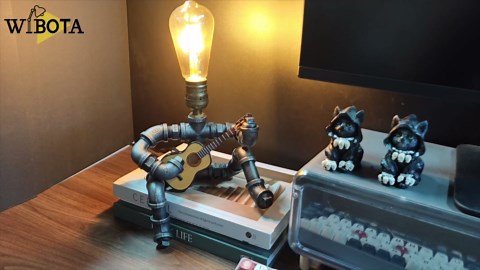 Steampunk Guitar Pipe Robot Table Lamp, Adjustable Industrial Water Pipe Desk Lamp with Wooden Guitar & Edison Bulb,Music Lovers, Bedside, Bar Cafe - Cool Unique Gifts