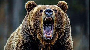 Grizzly bear roaring in the wild, close