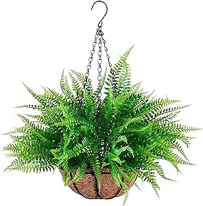 FAJUNZH UV Resistant Lifelike Artificial Hanging Boston Fern in Basket, Artificial Ferns for Outdoors, Faux Fake Ferns Artificial Plants, Fake Boston Fern for Porch Window Home Decor