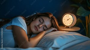 Young woman peacefully sleeping in bed at night, clock softly glowing nearby