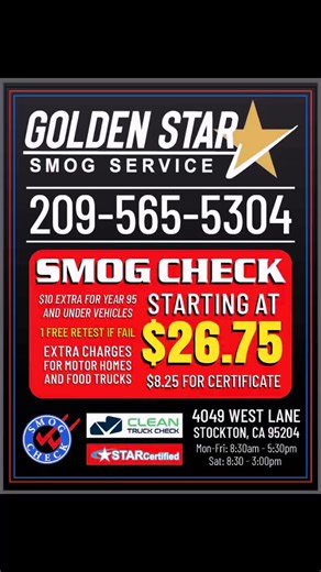 Golden star smog 4049 west lane Stockton ca 95204 ☎️ 209-565-5304 #no #coupon #freeretest #cleanaircheck #goldenstarsmog #smog #smogcheck #testonly #bestpriceintown #nocouponneeded #gooddeals #goodcustomerservice #wedoallsmog #cleanair #emission #emissiontesting #esp #dyno #tsi #keepcaliforniagreen #anytypeofvehicles #thatneedsmog #wecandothemall #supportyourlocal #thanksforyoursupport #stocktonca | Youhan Sun