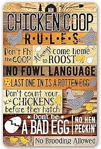 Chicken Coop Rules - Funny Chicken Coop Sign, Farmhouse Wall Hanging Decor and Farm Warning Signs, Great Gift for Chicken Farm Owners, Wood Style Look 8x12 Indoor or Outdoor Durable Metal Sign