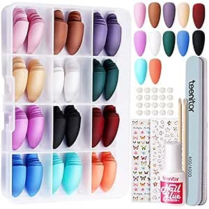 Teenitor Almond Press On Nails, 12 Color 288Pcs Matte Glue On Nails Almond Shape Press On Nails Medium Length Fake Nails