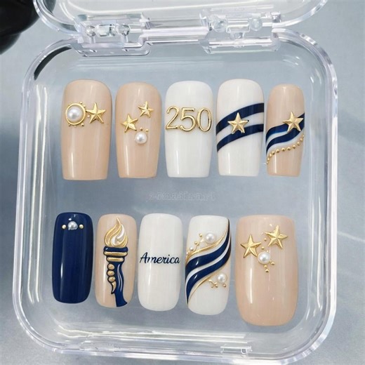 Luxury America 250 Press on Nails, Gold Star Patriotic Nails, Nude Navy Elegant Nails, 4th of July Custom Nail Set - Etsy