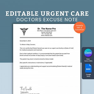 Editable Urgent Care Excuse Note, Medical Excuse Note, Excuse Letter Template, School Excuse Letter, Editable Dr Note With Signature - Etsy