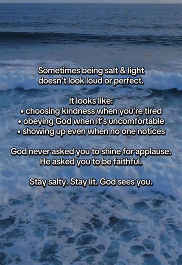 Being salt & light isn’t about being perfect — it’s about being obedient, consistent, and willing. God uses the small, unseen moments more than we realize 🤍 If you’re in a season where faith feels quiet… don’t quit. He’s working. ✨ Like if this encouraged you 💬 Comment “AMEN” or 🤍 if you needed this ➡️ Follow for faith encouragement #SaltAndLight #FaithTok #ChristianEncouragement #JesusLovesYou #WalkingByFaith