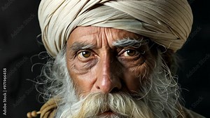Elderly man with expressive eyes and long beard poses against a dark background in a traditional turban setting