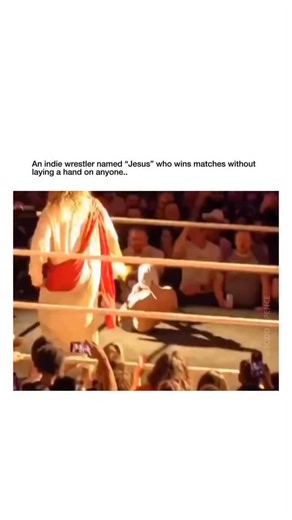 Yourr on Instagram: "On the independent wrestling circuit, there’s a character named Jesus who wins matches without throwing a single punch. No slams. No strikes. No contact at all. He steps into the ring, stays calm, barely reacts — and somehow his opponents unravel on their own. They hesitate. They argue with the referee. They collapse from frustration, fear, or sheer disbelief. And then the bell rings. Match over. That’s the brilliance of the gimmick. Wrestling is built on conflict, aggressio