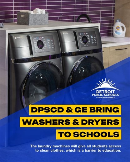 Washers and dryers will be available at every DPSCD school. Clean clothes should never be the reason a student misses class, so families can throw in a load while their kids learn. No extra trip, no extra cost. It’s one more way our schools stand up for Detroit families, clearing obstacles so students show up confident, focused, and ready to learn. #DPSCDProud | Detroit Public Schools Community District