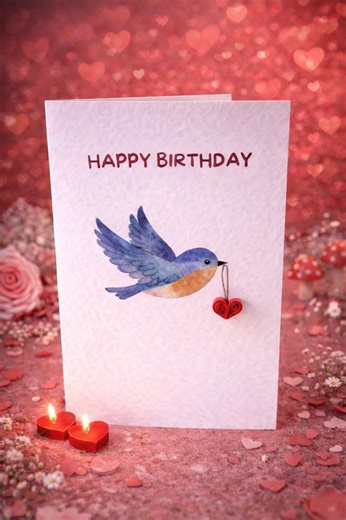 Flying Bird Birthday Card, Quilled Heart Greeting, Romantic Handm ade Paper Keepsake