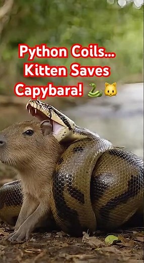 “Capybara Trapped by Python! Kitten the Hero Rushes In! 🐱🐍🐹”