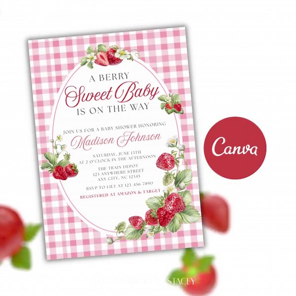 Strawberry Baby Shower Invitation, Pink Gingham, Watercolor Berries (digital Download) - Etsy