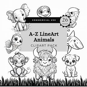 A-Z Animal Line Art Clipart | 26 Black and White Images | Alphabet Animals