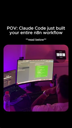 Claude Code just built an entire n8n workflow because of MCP. What is MCP? MCP (Model Context Protocol) lets Claude directly connect to tools and services. Instead of just giving you code to copy/paste, Claude can actually interact with n8n, read your workflows, write new ones, and test them. Here's What Happened: Step 1: MCP Connection Claude connected directly to my n8n instance through MCP. It can see my existing workflows, nodes, and credentials setup. Step 2: Requirements Analysis I describ