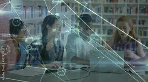 Network connections and data processing animation over students studying in library