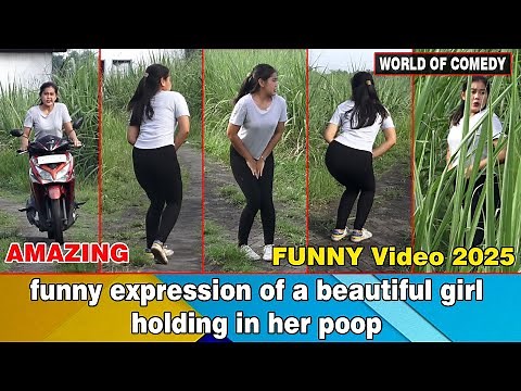 funny expression of a beautiful girl holding in her poop