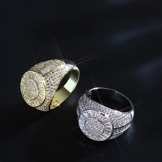 video, Hip Hop T Square Zircon Round Ring Trendy Men's Ring Jewelry US 7-10 Cubic Zirconia Marquise