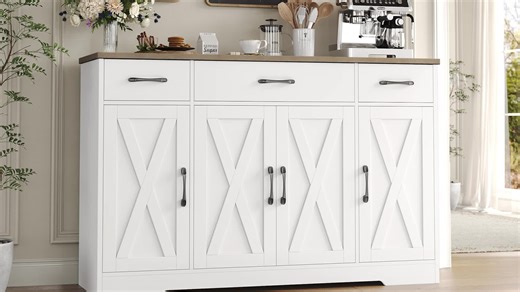 video, HOSTACK Sideboard Buffet Cabinet with Drawers & Adjustable Shelves Coffee Bar for Kitchen ...