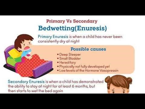 Nocturnal enuresis, Diurnal enuresis, Primary, persistent enuresis, Secondary regressive enuresis