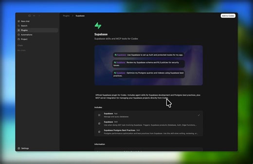 Supabase is now available as a Codex plugin, making it easier than ever to add a backend to your app while building with Codex!You can set up your entire backend, make sure it's secure, analyze logs, and much more!Enjoy building!
