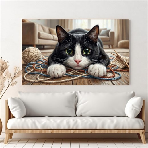 Tuxedo Cat Yarn Mess Canvas Print: Realistic Oil Painting Wall Art - Etsy