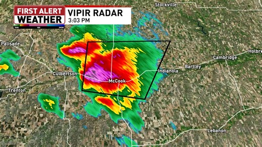 9/16/25 3:03 PM Severe thunderstorm warning continues for Red Willow county until 4 PM. 2" size hail possible with storm near McCook moving north at 15 mph. Trained weather spotters reported golf ball size hail with this storm. | NTV Weather Team