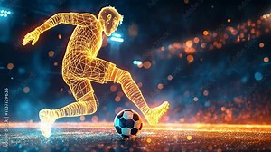 Digital Athlete: A dynamic illustration of a soccer player in motion, rendered in a vibrant, futuristic style. The athlete's form is a blend of light and energy, capturing the essence of speed, skill.