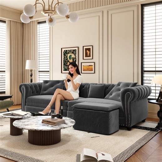 REHOUSING Mid-Century Modern Velvet Tufted Sleeper Sofa, Gray