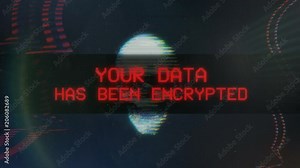 Your data has been encrypted, warning text with pirate skull on screen. Hacking attack, malware detected, data encryption