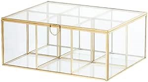 Glass Teabag Organizer with 6 DIVIDED SECTIONS, Tea Box Glass Terrarium,Handcrafted Brass Metal Frame,Holder for Tea Bags, Small Items and Accessories